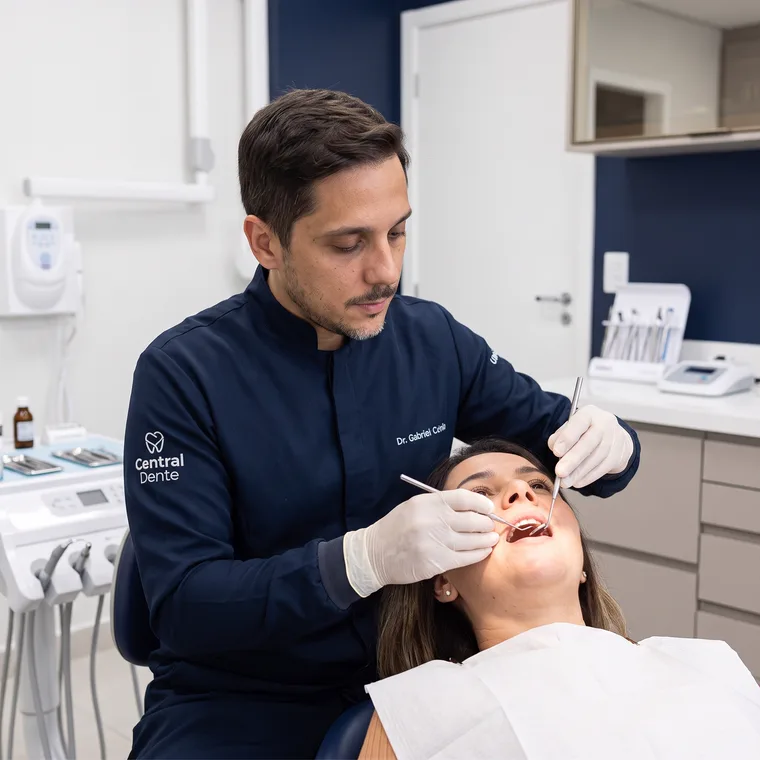 Dr. Gabriel atendendo uma paciente no consultório da Central Dente
