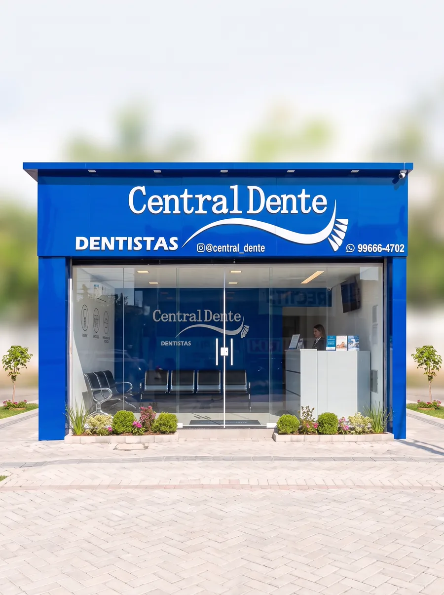 Fachada da Central Dente, com o letreiro azul da clínica